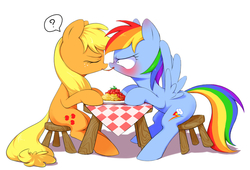 Size: 1000x679 | Tagged: safe, artist:30clock, applejack, rainbow dash, g4, blushing, female, food, imminent kissing, lesbian, ship:appledash, shipping, spaghetti