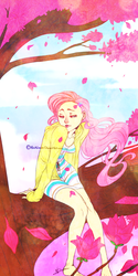 Size: 1000x2000 | Tagged: safe, artist:nicklavin, fluttershy, human, g4, barefoot, feet, female, flower, humanized, light skin, sitting, sitting in a tree, solo, tree, windswept mane