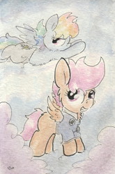 Size: 681x1032 | Tagged: safe, artist:slightlyshade, rainbow dash, scootaloo, g4, clothes, cloud, cloudy, flying, scootaloo can fly, traditional art