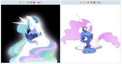 Size: 719x380 | Tagged: safe, artist:jordila-forge, artist:strangiesleepy, princess celestia, princess luna, derpibooru, g4, cewestia, cute, exploitable meme, filly, hug, juxtaposition, juxtaposition win, meme, meta, winghug, woona