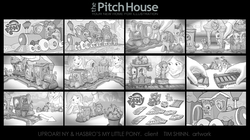 Size: 1353x758 | Tagged: safe, artist:timshinn73, fluttershy, pinkie pie, rarity, spike, twilight sparkle, human, g4, advertisement, comic, friendship express, monochrome, storyboard, train