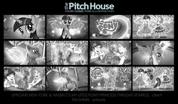 Size: 1353x798 | Tagged: safe, artist:timshinn73, twilight sparkle, alicorn, human, pony, g4, advertisement, comic, female, mare, monochrome, storyboard, twilight sparkle (alicorn)