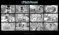 Size: 1353x798 | Tagged: safe, artist:timshinn73, pinkie pie, rainbow dash, rarity, spike, twilight sparkle, alicorn, human, pony, g4, advertisement, car, clothes, comic, crystal princess palace, female, hat, mare, monochrome, storyboard, twilight sparkle (alicorn)