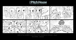 Size: 1024x545 | Tagged: safe, artist:timshinn73, applejack, fluttershy, pinkie pie, rainbow dash, rarity, twilight sparkle, human, g4, advertisement, comic, mane six, monochrome, storyboard