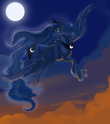 Size: 800x902 | Tagged: safe, artist:frozen-north, princess luna, g4, female, flying, moon, solo