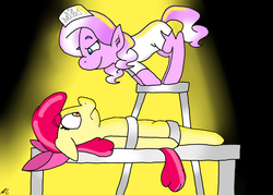 Size: 1400x1000 | Tagged: safe, apple bloom, diamond tiara, g4, applebuse, bondage, bound, digital art, nurse, scared, stare, stool, table