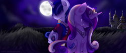 Size: 1900x800 | Tagged: safe, artist:evehly, princess cadance, shining armor, alicorn, pony, unicorn, g4, crying, female, male, mare, moon, night, sad, stallion