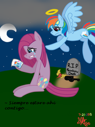 Size: 360x479 | Tagged: safe, artist:pinkamenad, pinkie pie, rainbow dash, angel, earth pony, ghost, pegasus, pony, g4, dead, duo, female, grave, halo, heaven, implied death, mare, pinkamena diane pie, rest in peace, sad, soul, spanish, spirit