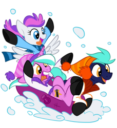 Size: 840x920 | Tagged: safe, artist:trish forstner, oc, oc only, oc:blank canvas, oc:hoof beatz, oc:mane event, bronycon mascots, hat, hoofevent, inner tube, sledding, snow, tubing, winter, winter outfit