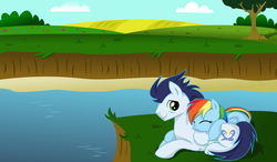 Size: 1280x750 | Tagged: safe, artist:madzik0107, rainbow dash, soarin', g4, cuddling, eyes closed, female, male, scenery, ship:soarindash, shipping, smiling, snuggling, straight