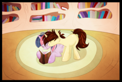 Size: 1024x683 | Tagged: safe, artist:blackfreya, twilight sparkle, alicorn, pony, spiders and magic: rise of spider-mane, g4, book, crossover, crossover shipping, eyes closed, female, kissing, male, mare, peter parker, ponified, prone, shipping, smiling, spider-man, spidertwi, standing, straight, twilight sparkle (alicorn), wink