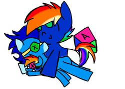 Size: 1024x724 | Tagged: dead source, safe, artist:mlpdashie123, rainbow dash, soarin', oc, oc:lightning blitz, g4, blocks, offspring, parent:rainbow dash, parent:soarin', parents:soarindash, plushie