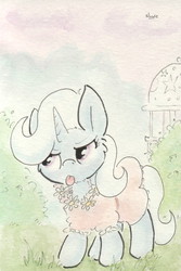 Size: 681x1018 | Tagged: safe, artist:slightlyshade, trixie, pony, unicorn, g4, clothes, dress, female, fluffy, mare, solo, tongue out, traditional art