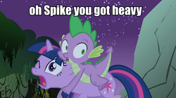 Size: 960x539 | Tagged: safe, edit, edited screencap, screencap, spike, twilight sparkle, dragon, pony, g4, my little pony: friendship is magic, owl's well that ends well, dragons riding ponies, duo, faic, image macro, one eye closed, open mouth, riding, spike riding twilight