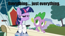 Size: 1054x592 | Tagged: safe, screencap, spike, twilight sparkle, feeling pinkie keen, g4, my little pony: friendship is magic, caption, grumpy twilight, image macro