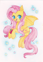 Size: 800x1146 | Tagged: safe, artist:trefleix, fluttershy, bat pony, pony, bats!, g4, apple, female, flutterbat, race swap, solo, stars, traditional art