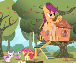 Size: 2500x2100 | Tagged: safe, artist:anarchemitis, apple bloom, scootaloo, spike, sweetie belle, earth pony, pony, g4, angry, clubhouse, crusaders clubhouse, cutie mark crusaders, female, frown, giant pony, giant scootaloo, giantess, glare, macro