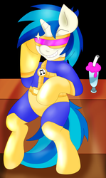 Size: 1344x2252 | Tagged: safe, artist:blackbewhite2k7, dj pon-3, vinyl scratch, pony, g4, bipedal, bipedal leaning, commission, crossover, cyclops (marvel), female, grin, marvel, milkshake, parody, smiling, solo, sonata du octave, vyclops, wub, x-men