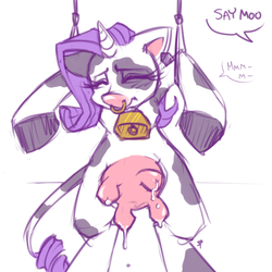Size: 500x500 | Tagged: safe, artist:stoney pony, rarity, cow, cow pony, pony, unicorn, g4, cowbell, female, lactation, leaking, milk, nose ring, raricow, solo, species swap, speech bubble, udder