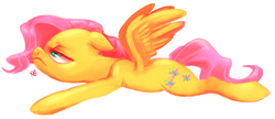 Size: 1257x542 | Tagged: safe, artist:comikazia, fluttershy, pegasus, pony, g4, female, lying down, mare, signature, simple background, solo, white background