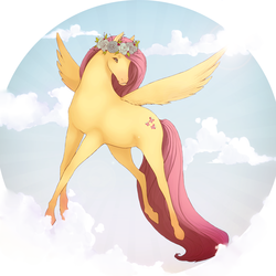 Size: 3000x3000 | Tagged: safe, artist:dreamshimmer, fluttershy, g4, cloud, cloudy, female, floral head wreath, flower, flying, hoers, solo