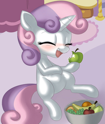 Size: 639x755 | Tagged: safe, artist:cottoncandy, edit, sweetie belle, g4, apple, banana, blushing, cute, diasweetes, female, food, solo