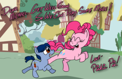 Size: 1092x710 | Tagged: safe, artist:fractiouslemon, pinkie pie, g4, card, cello, colt, galloping, get well soon, happy, michael morones, musical instrument, ponified, running, support