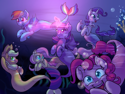 Size: 1600x1200 | Tagged: safe, artist:annakitsun3, applejack, fluttershy, pinkie pie, rainbow dash, rarity, twilight sparkle, mermaid, merpony, g4, mane six, mermaidized, race swap, species swap, twilight sparkle (alicorn), underwater