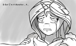 Size: 1024x619 | Tagged: safe, artist:ratherdevious, spike, sunset shimmer, anthro, g4, crying, female, implied spike, male, monochrome, ship:sunsetspike, shipping, straight
