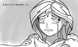 Size: 1024x619 | Tagged: safe, artist:ratherdevious, spike, sunset shimmer, human, g4, crying, female, humanized, implied spike, male, monochrome, ship:sunsetspike, shipping, straight