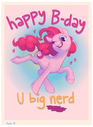 Size: 1280x1740 | Tagged: safe, artist:purmu, pinkie pie, earth pony, pony, g4, birthday card, card, female, happy, happy birthday, mare, nerd, one eye closed, solo, wink