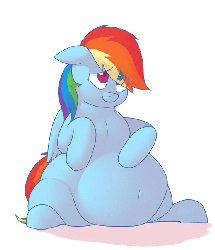 Size: 557x646 | Tagged: safe, artist:secretgoombaman12345, rainbow dash, pegasus, pony, ask chubby diamond, g4, animated, belly, belly button, bellyrubs, big belly, cute, fat, female, floppy ears, food baby, gif, looking up, mare, rainblob dash, simple background, sitting, smiling, solo, tubby wubby pony waifu, weight gain, white background