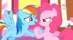 Size: 844x468 | Tagged: safe, screencap, pinkie pie, rainbow dash, earth pony, pegasus, pony, g4, pinkie pride, season 4, female, hub logo