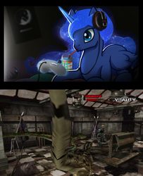 Size: 1280x1573 | Tagged: safe, princess luna, velociraptor, gamer luna, g4, 7-eleven, dino crisis, game, headphones, playing, slurpee, video game