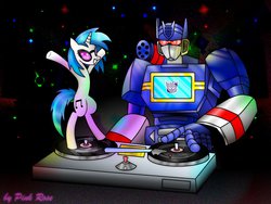 Size: 1032x774 | Tagged: safe, artist:pinkrose2001, dj pon-3, vinyl scratch, g4, crossover, soundscratch, soundwave, transformers