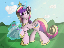 Size: 2000x1500 | Tagged: safe, artist:malamol, princess cadance, bird, g4, candy, cloud, cloudy, female, lollipop, magic, sky, solo, telekinesis