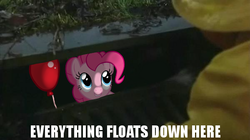 Size: 600x336 | Tagged: dead source, safe, artist:ratwhiskers, pinkie pie, earth pony, pony, g4, adoracreepy, balloon, caption, creepy, cute, grin, it, parody, pennywise, pinkiewise, reference, smiling, stephen king, storm drain