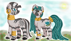 Size: 2971x1740 | Tagged: safe, artist:missberet, zecora, oc, zebra, g4, dreadlocks, duo