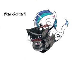 Size: 2705x2175 | Tagged: safe, artist:dracoclaw175, dj pon-3, octavia melody, vinyl scratch, cat, g4, biting, catified, cattavia, duo, ear bite, species swap, tsundere