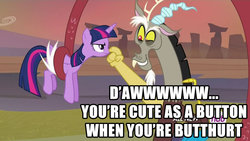 Size: 960x540 | Tagged: safe, discord, twilight sparkle, alicorn, pony, g4, three's a crowd, butthurt, caption, female, mare, reaction image, tail hold, twilight sparkle (alicorn)