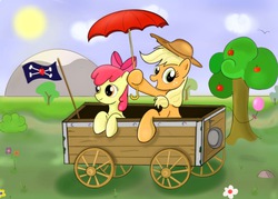 Size: 1206x864 | Tagged: safe, artist:milanoss, apple bloom, applejack, g4, balloon, duo, flag, tree, umbrella, wagon