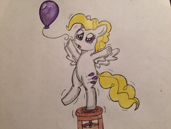 Size: 3264x2448 | Tagged: safe, artist:monkeytsu, surprise, g1, balancing, balloon, chair, female, solo, that pony sure does love balloons, traditional art