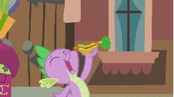 Size: 576x324 | Tagged: safe, edit, edited screencap, screencap, spike, bird, dragon, songbird, g4, rarity takes manehattan, season 4, abuse, animal abuse, animated, carrot dog, eye beams, eye lasers, gif, i can't believe it's not superedit, implied death, laser, male, optic blast, simpsons did it, solo, the simpsons