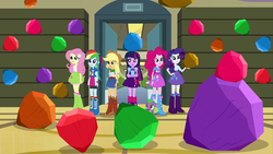 Size: 1919x1080 | Tagged: safe, applejack, fluttershy, pinkie pie, rainbow dash, rarity, spike, tom, twilight sparkle, dog, equestria girls, g4, my little pony equestria girls: rainbow rocks, mane seven, mane six, pun, spike the dog