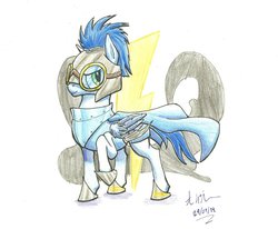 Size: 1024x845 | Tagged: safe, artist:theandymac, soarin', pegasus, pony, g4, armor, blade, goggles, male, solo, stallion, traditional art, weapon, wingblade, wonderbolts