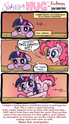 Size: 4277x7633 | Tagged: safe, artist:redapropos, pinkie pie, twilight sparkle, it started with a hug, g4, absurd resolution, comic, hug