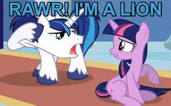 Size: 768x479 | Tagged: safe, shining armor, twilight sparkle, g4, blue text, image macro