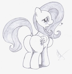 Size: 1000x1038 | Tagged: source needed, safe, artist:an-tonio, fluttershy, pegasus, pony, g4, blushing, butt, female, floating heart, flutterbutt, grayscale, heart, looking at you, looking back, mare, monochrome, plot, rear view, sketch, smiling, smiling at you, solo, traditional art