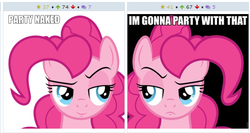 Size: 516x274 | Tagged: safe, pinkie pie, derpibooru, g4, disapproval, exploitable meme, image macro, juxtaposition, juxtaposition win, meme, meta, suspicious face