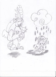 Size: 763x1048 | Tagged: safe, artist:toon-n-crossover, discord, g4, chocolate rain, cotton candy cloud, fanart, gift art, michael morones, monochrome, present